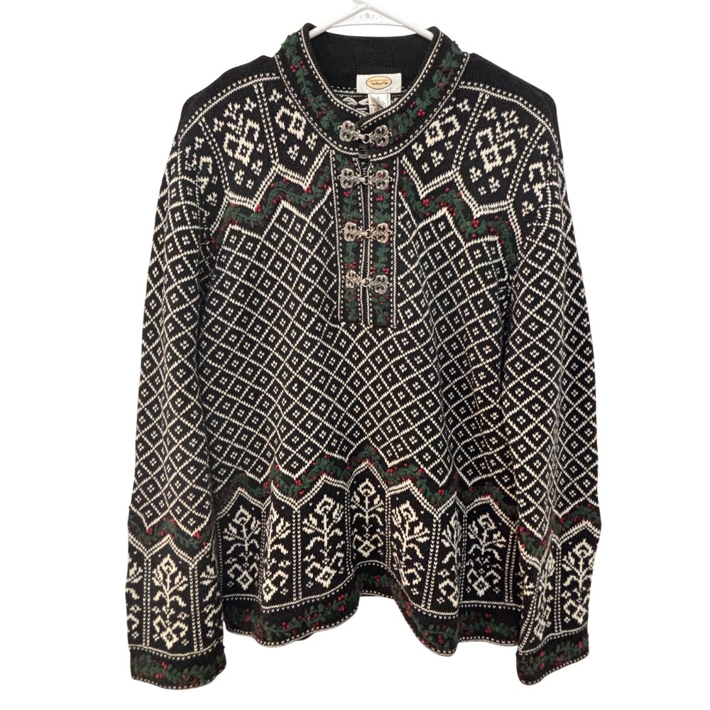 Talbots Womens Black Fair Isle Nordic Sweater Holly Berry Metal Clasp Large
